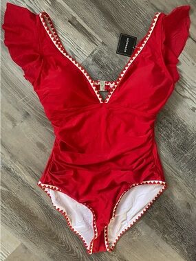 Woman's Swimsuit /Bathing Suit Pull On Embroidered, Flutter Sleeve SZ L Red